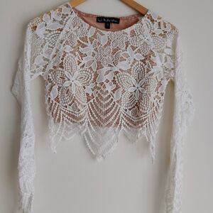 For Love & Lemons Guava Lace Floral Crop Top White SMALL Preppy Ballet Whimsy